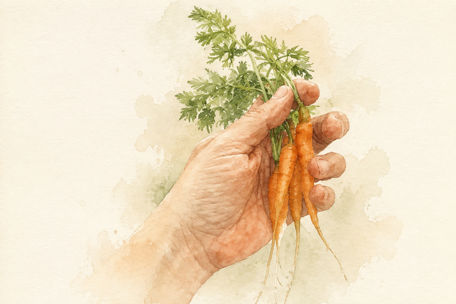 Acuarela de una mano sosteniendo zanahorias completas con hojas y raíces